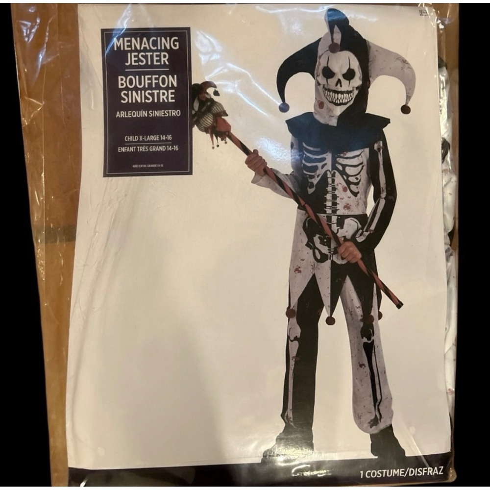 Menacing Jester Sinister Skeleton Clown Halloween Costume Kids XL 14-16 NEW!